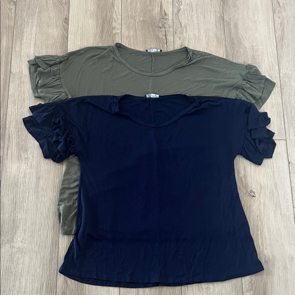 Women's Ruffle Sleeve Tops - Olive Green and Navy